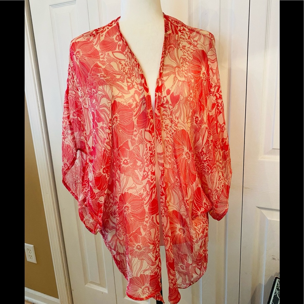 Winter Kate Silk Floral Sheer Red and Cream Kimono Wrap